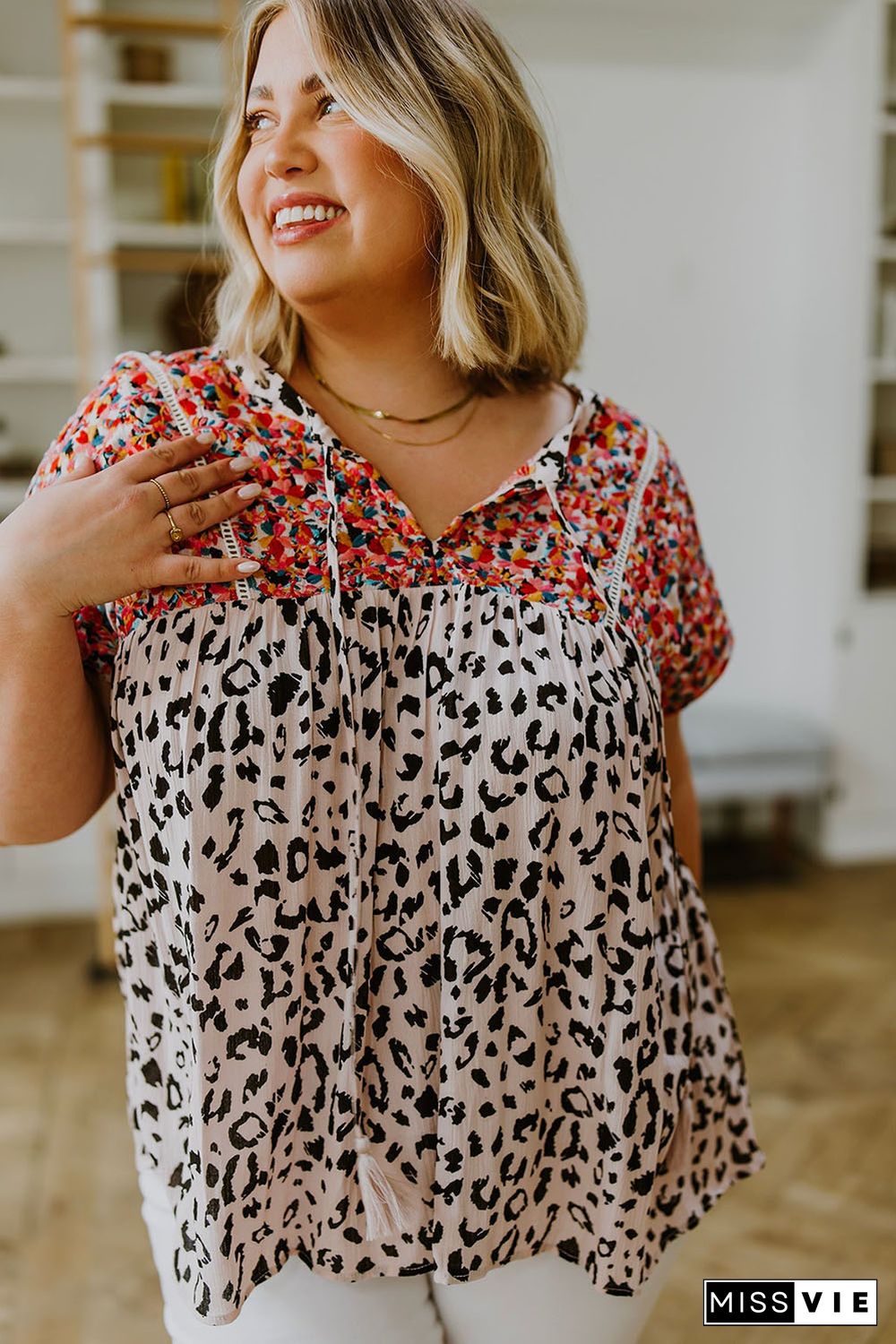 Plus Size Boho Leopard Print Short Sleeve Blouse