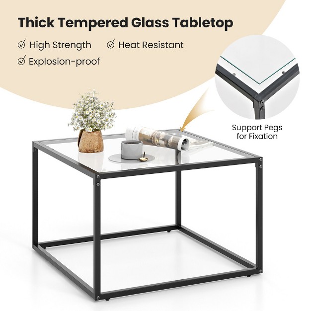 Tangkula Glass Coffee Table 27 5 Inch Modern Square Metal Frame Living Room Transparent