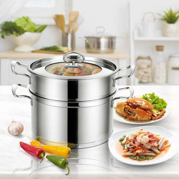 2-Tier Steamer Pot 304 Stainless Steel Steaming Cookware with Glass Lid