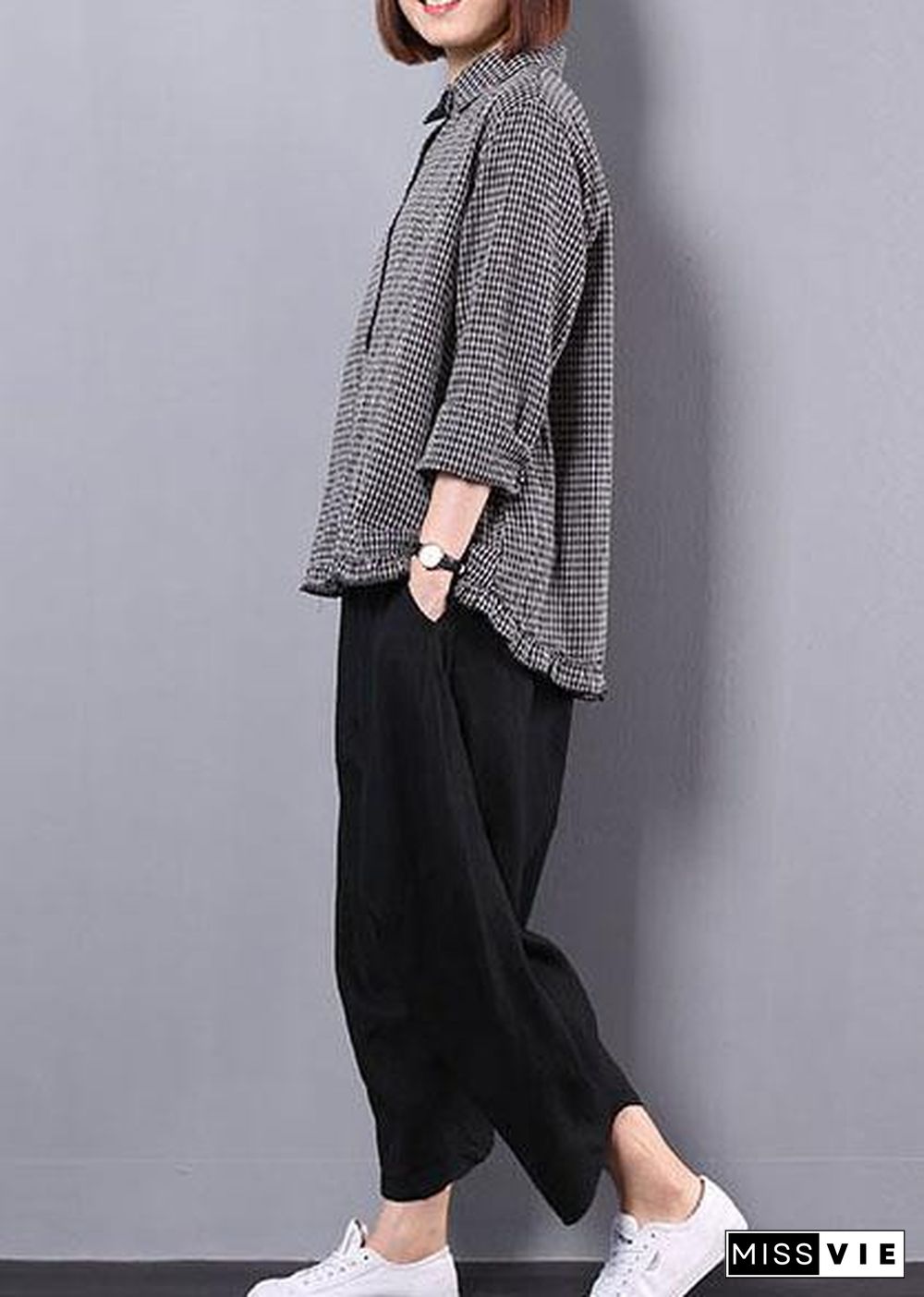 black plaid long sleeve cotton linen blouse with women black pants two pieces