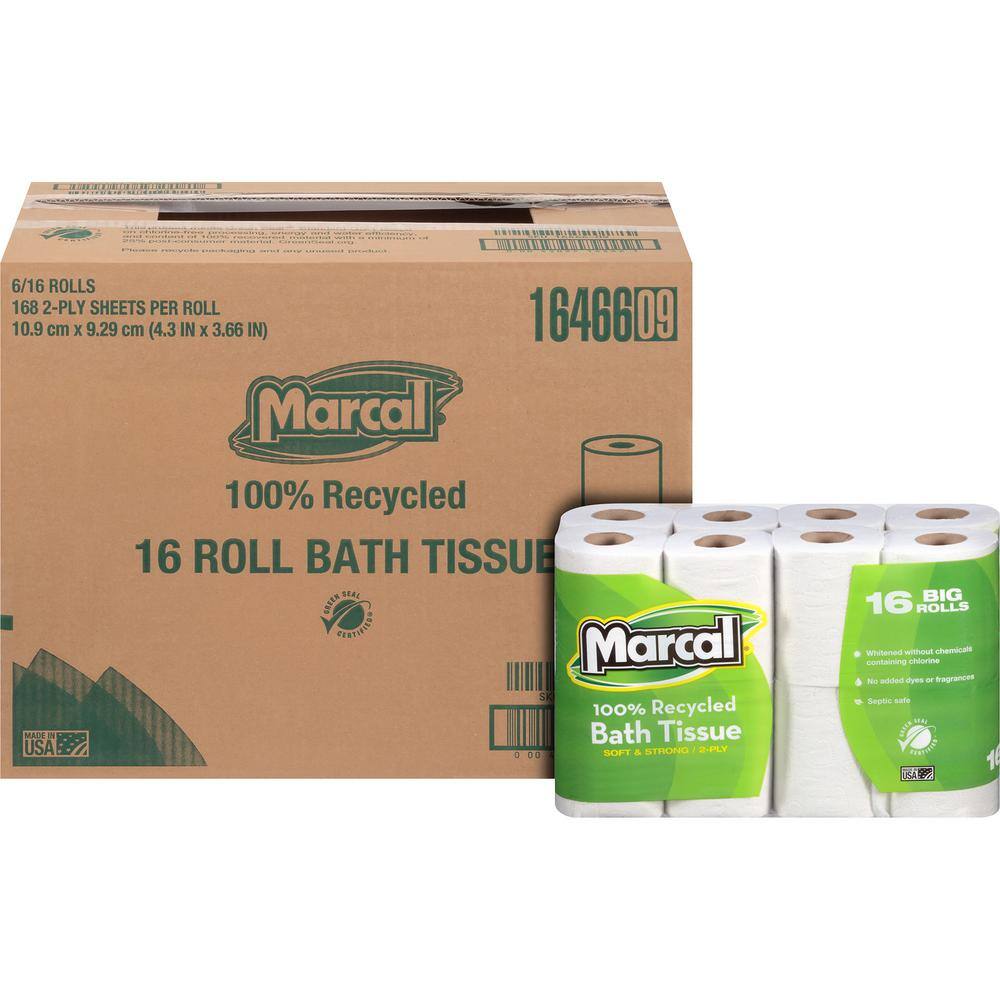 Marcal 100% Recycled Soft. and Absorbent Toilet Tissue (168 Sheets Per Roll 16 Per Pack) MRC16466PK