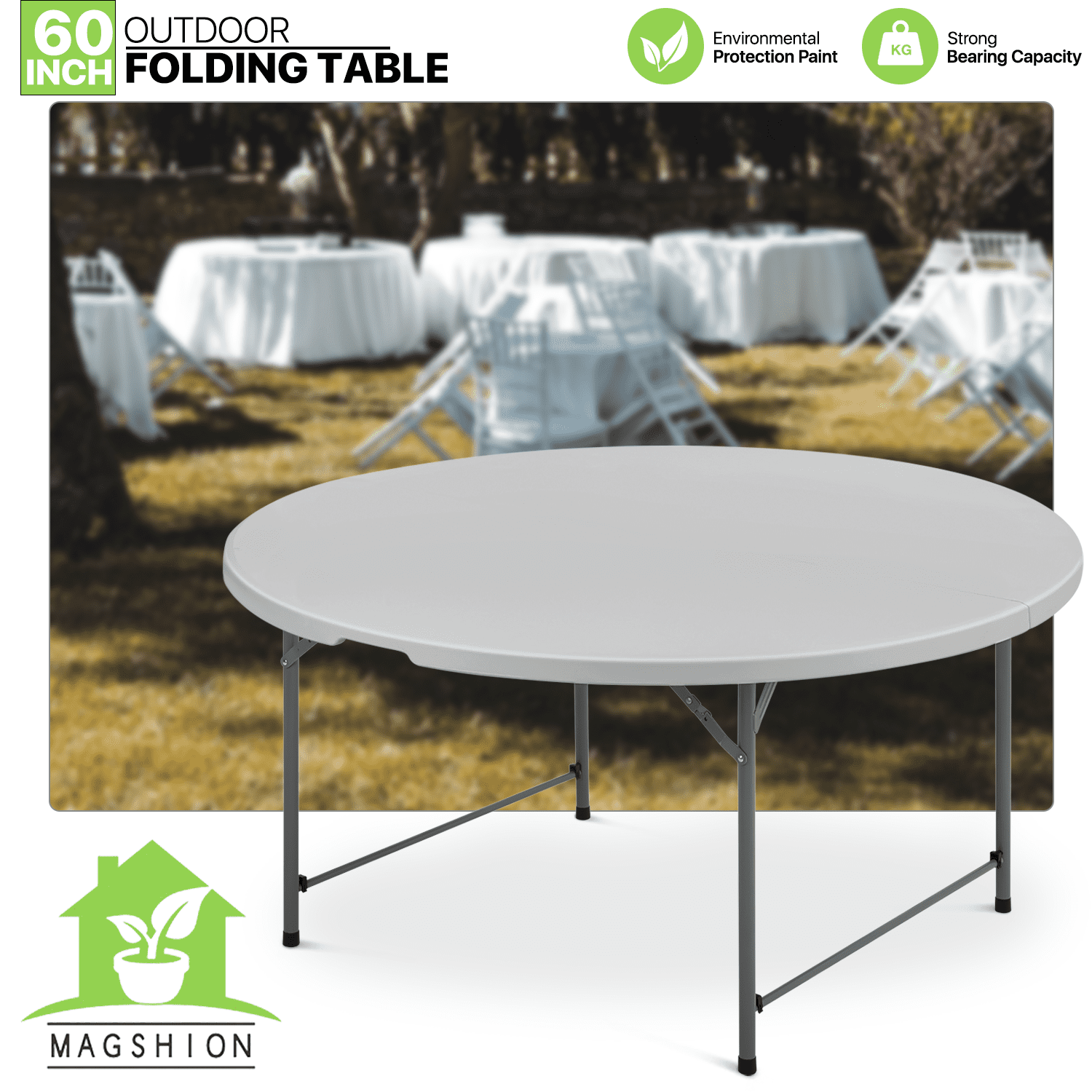 Magshion 5Ft Round Bi-Fold Plastic Table， Metal Frame Indoor Outdoor 60 Inch Folding Desk for Kitchen Party Wedding， Gray， 60 in ， 60 in