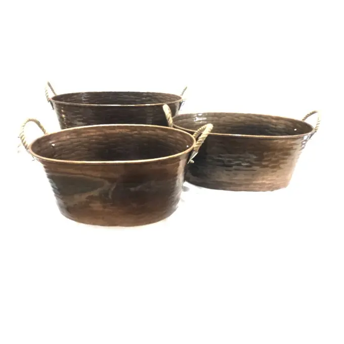 Hammered Copper Antique Set of 3 Oval Shape Planter Tub plant pots garden supplies Flower Pots   Planters