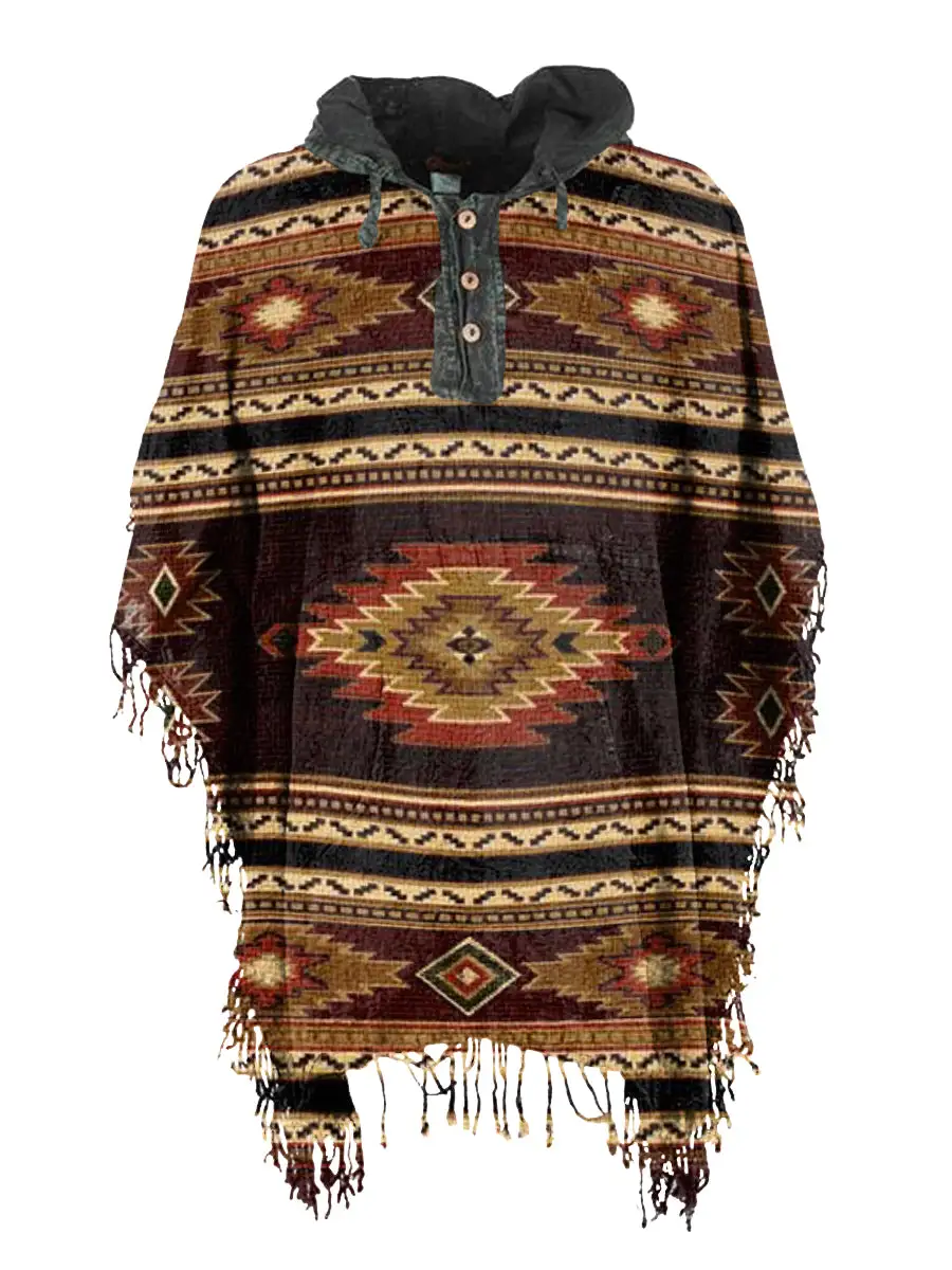 Nostalgic Ethnic Style Tassel Printed Hooded Cape