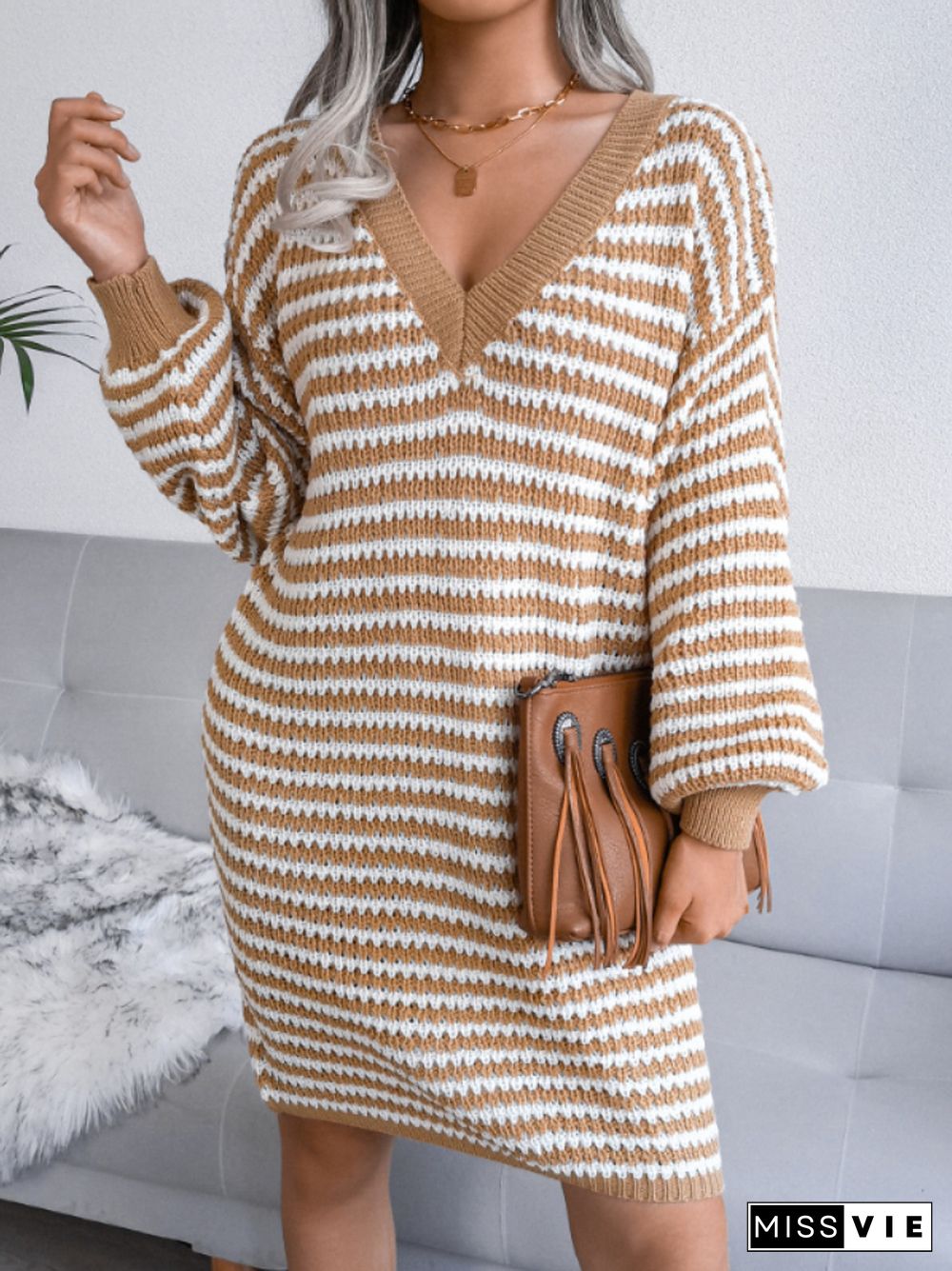 Winter Clothes Women Striped Hollow Wool Dress Long Sleeve Knitted Dress Casual Pullover Sweater Oversize Dress For Women