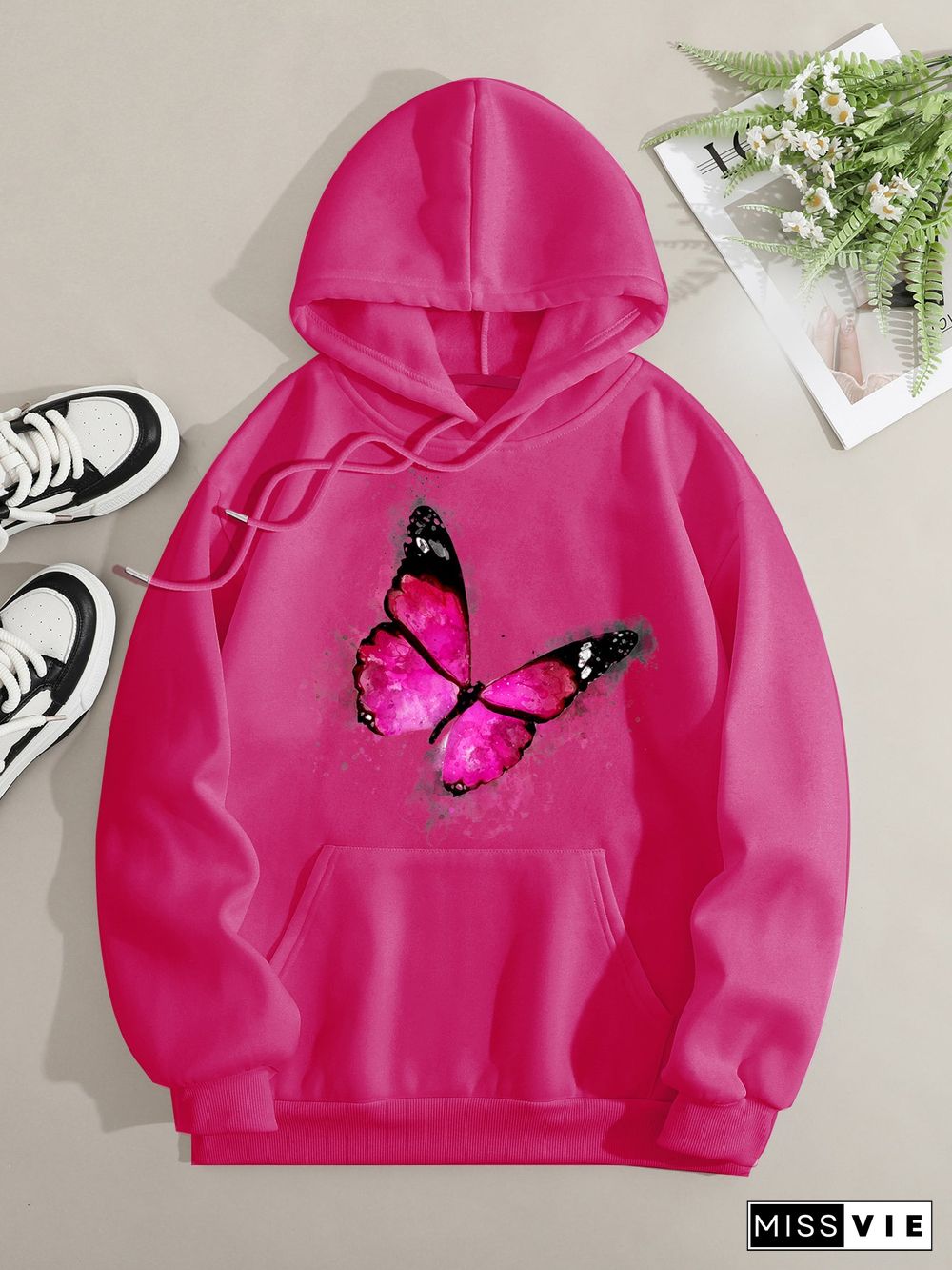 Printed on front Kangaroo Pocket Hoodie Long Sleeve for Women Pattern Butterfly