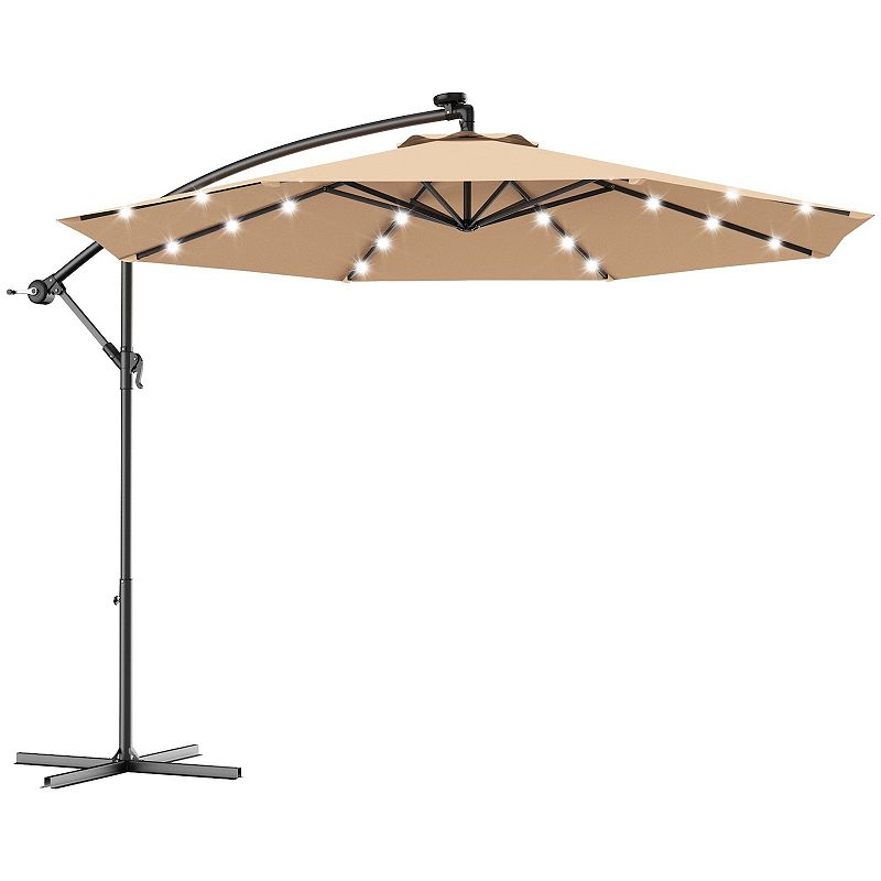 10 Feet Patio Hanging Solar LED Umbrella Sun Shade with Cross Base