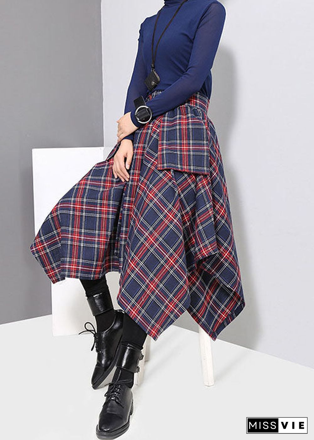 Fashion dark Blue tie waist Asymmetrical a line Skirts Spring