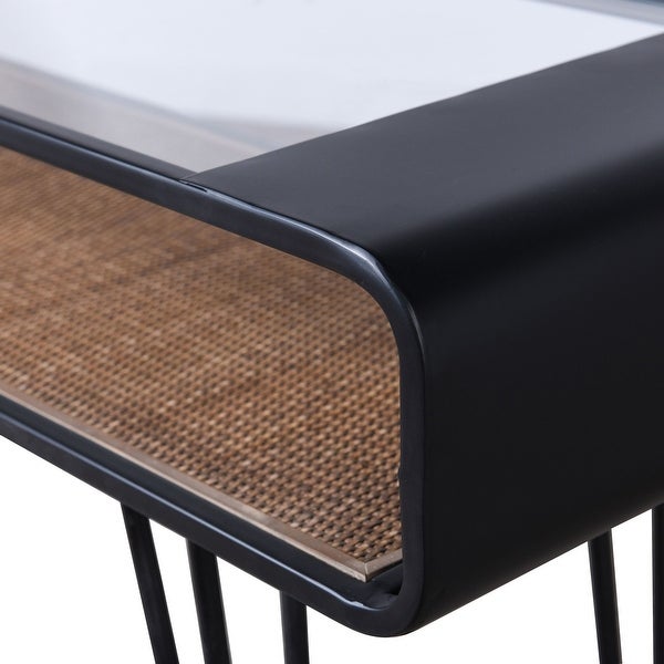 Aaron - Table - Graphite Metal， Clear Glass Top， Rattan Lower Shelf