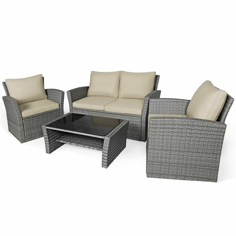 4 Pcs Rattan Patio Sectional Furniture Set with Storage Shelf Table, Cushioned Outdoor Wicker Conversation Sofa Set