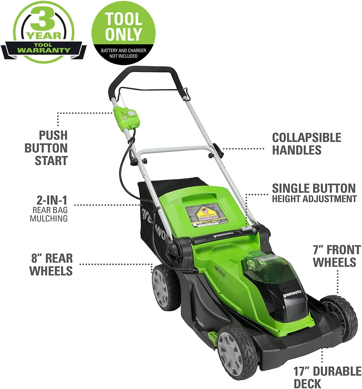 Greenworks 40V 17 inch Cordless Lawn Mower，Tool Only， MO40B01