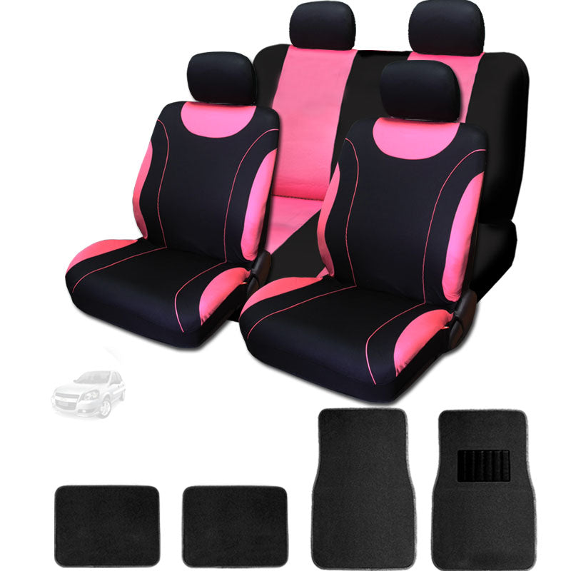 NEW 12 Pieces Flat Polyester Sleek Design Black and Pink Front and Rear Car Seat Covers Set with Black Color Carpet Floor Mats Set Universal Size