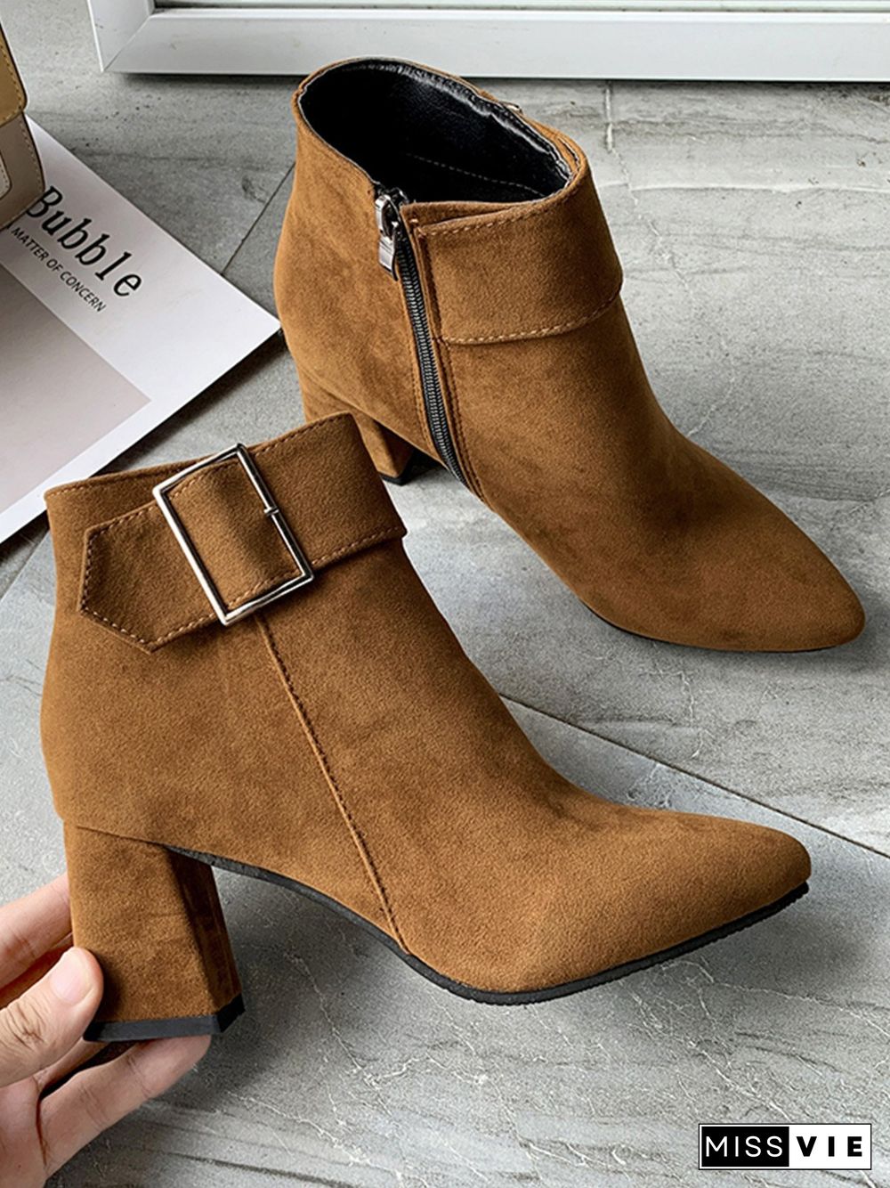 Chunky Heel Buckle Pointed-Toe Suede Martin Boots