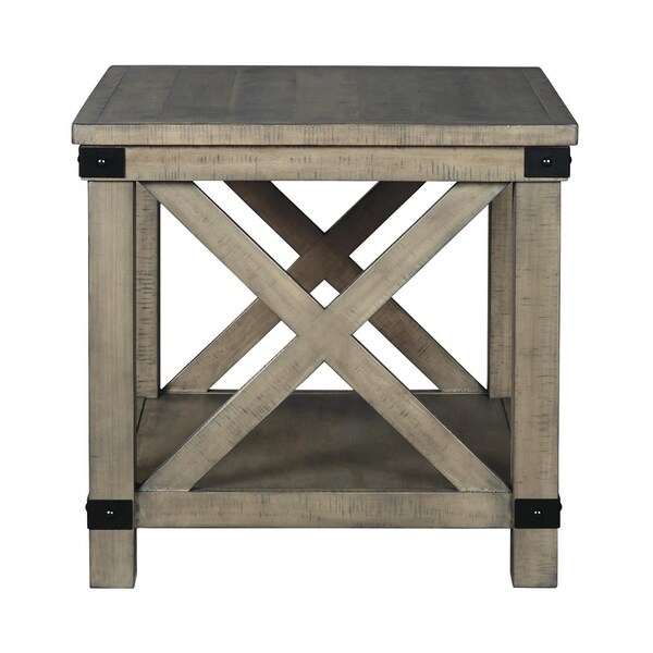 Farmhouse Style End Table with X Shaped Sides and Open Bottom Shelf， Gray