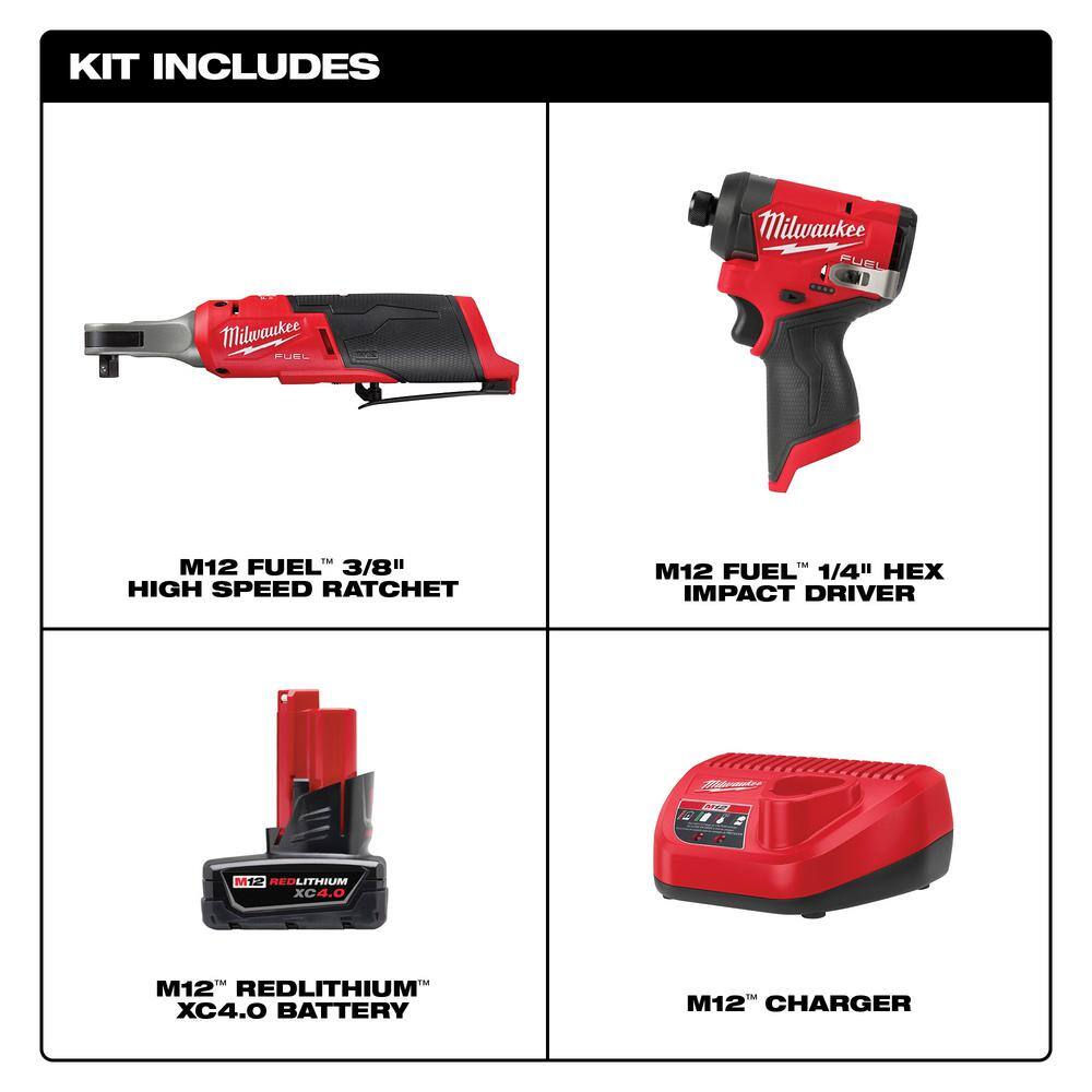 MW M12 FUEL 12V Lithium-Ion Brushless Cordless 38 in. Ratchet  M12 FUEL 14 in. Hex Impact Driver wBattery  Charger 48-59-2440-2567-20-3453-20