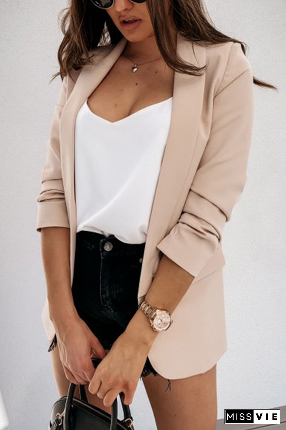 Solid Wide Lapel Double Pockets Blazer