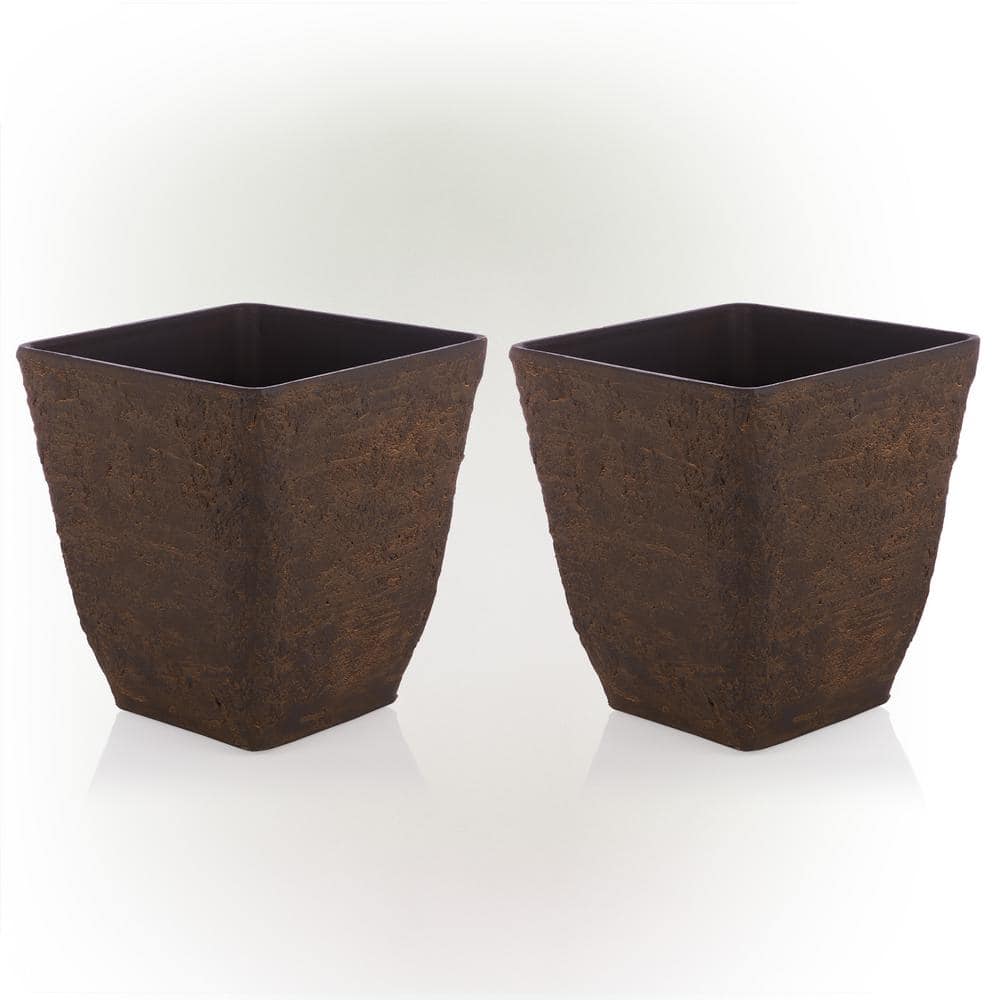 Alpine Corporation Small, Brown Indoor/Outdoor Stone-Look Resin Squared Planter (Set of 2) CLL386S-SWD-2