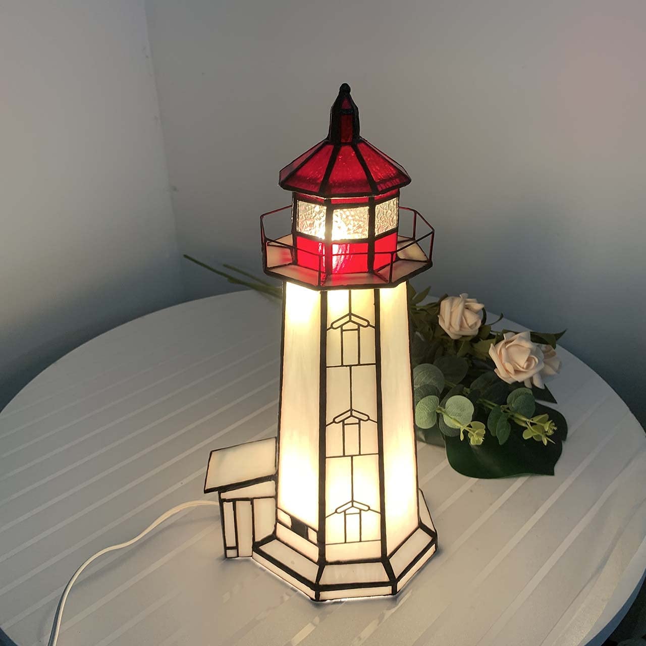 SHADY L10770 Peggy&#39;s Point Lighthouse  Style Stained Glass Accent Table Lamp Night Light  12-inches Tall