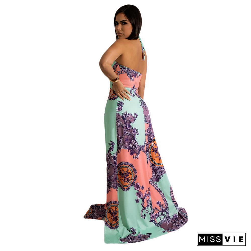 Vintage Pattern Printed High Slit Backless Maxi Dress