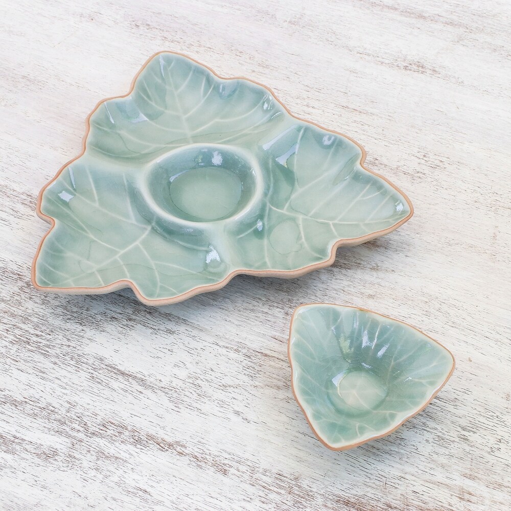 Novica Handmade Maple Leaf Celadon Ceramic Appetizer Dishes (Pair)