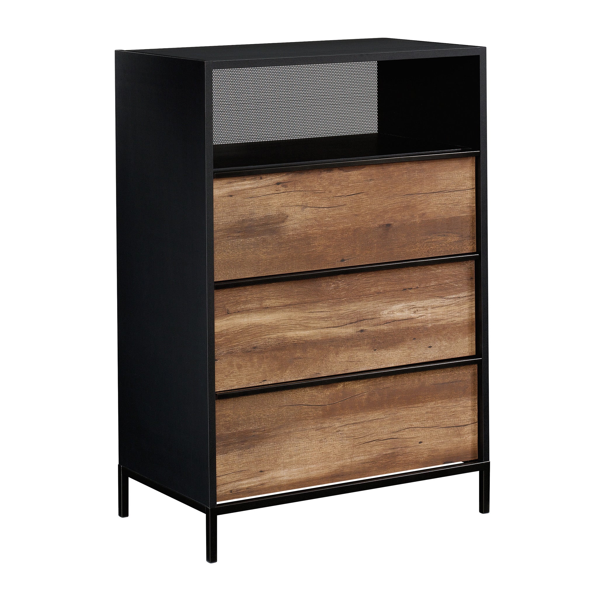 Sauder Boulevard Cafe 3-Drawer Dresser with Open Shelf, Black with Vintage Oak Finish