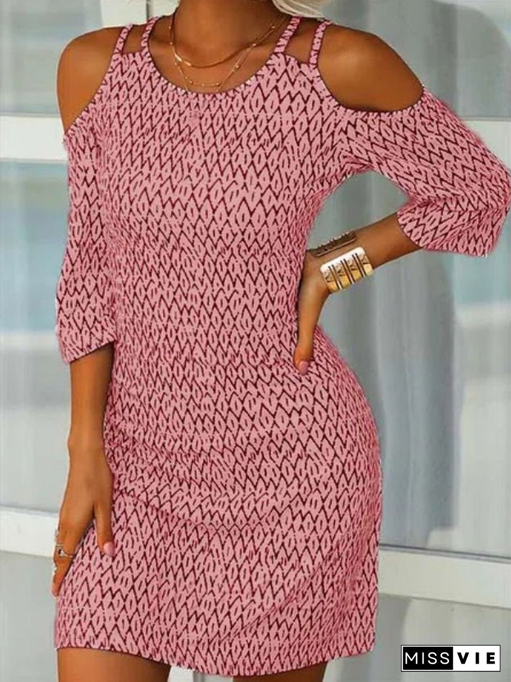 Women'S Dresses Printed Off-Shoulder Mid Sleeve Dress