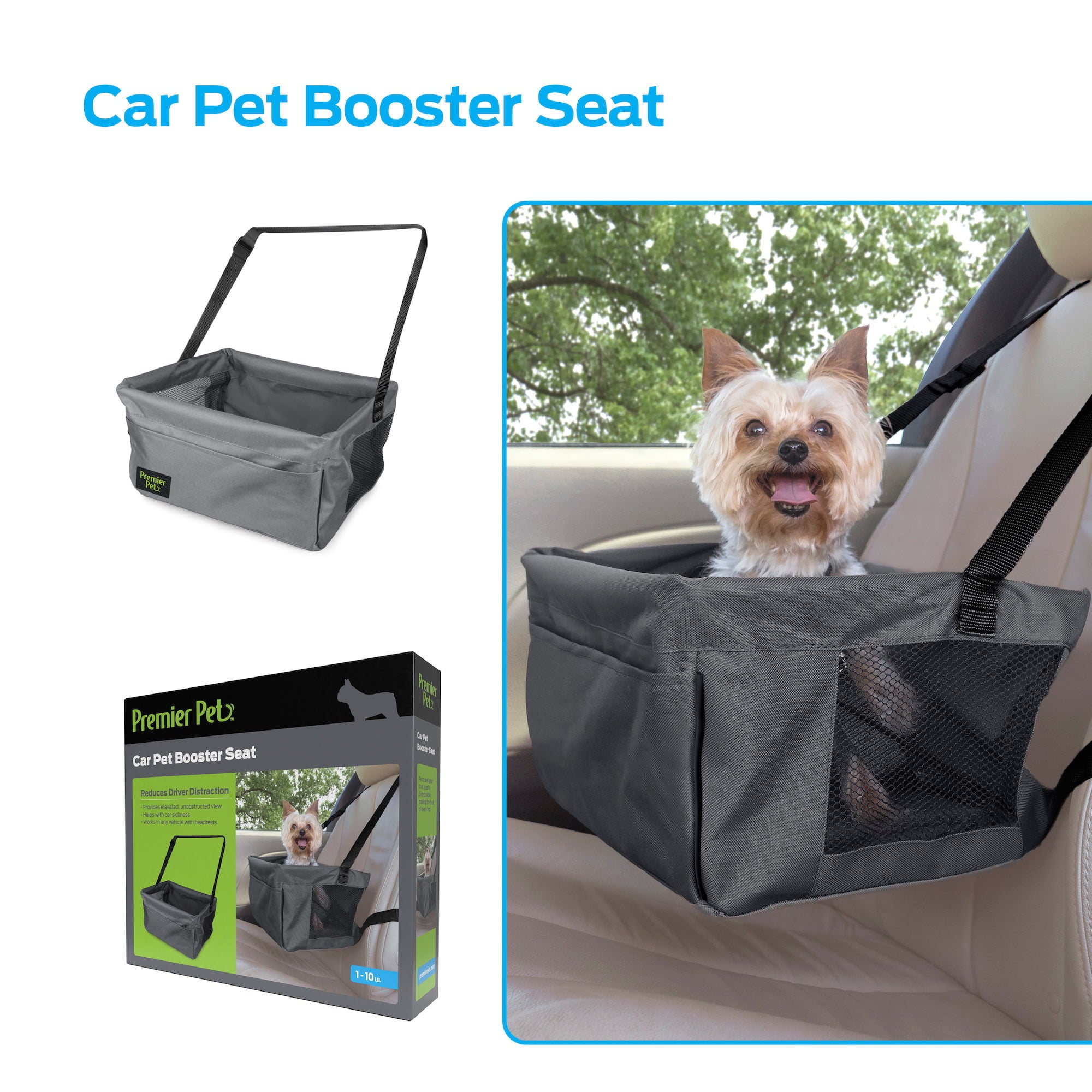 Premier Pet Car Booster Seat for Small Dogs: Keeps Dog Secure， Protects Seat， Easy to Install， Provides Elevated， Unobstructed View Helping with Pet Car Sickness， Works in Any Vehicle with Headrests