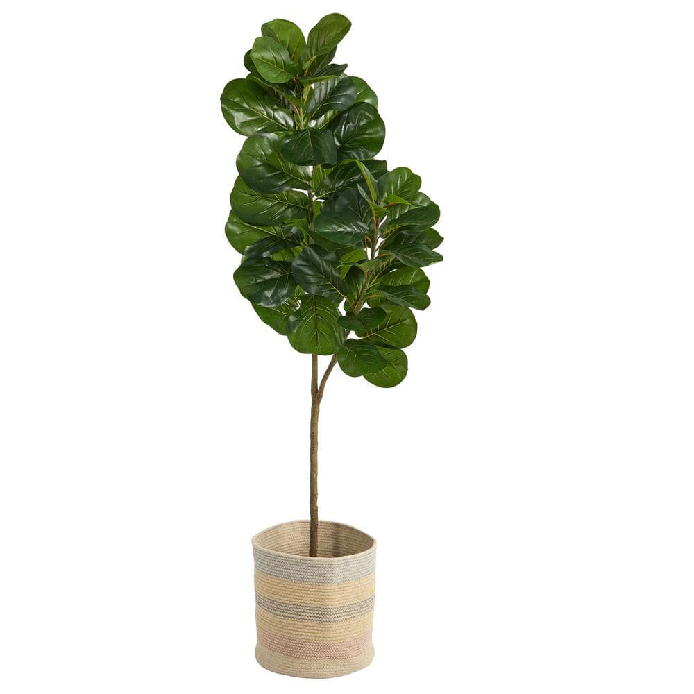 Nearly Natural 5.5 ft. Green Fiddle Leaf Fig Artificial Tree in Handmade Natural Cotton Multicolored Woven Planter T2909