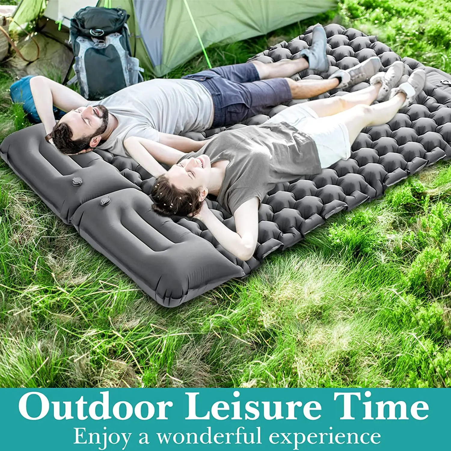 Double Sleeping Pad for Camping Upgraded Inflatable Camping Pad 2 Person with Pillow Camping Sleeping Mat for Backpacking Hiking