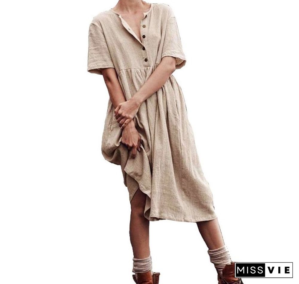 Solid Button Front Crew Neck Short Sleeve Dress