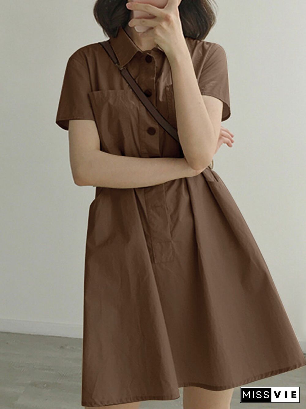 Solid Color Short Sleeve Pockets Lapel Casual Dresses