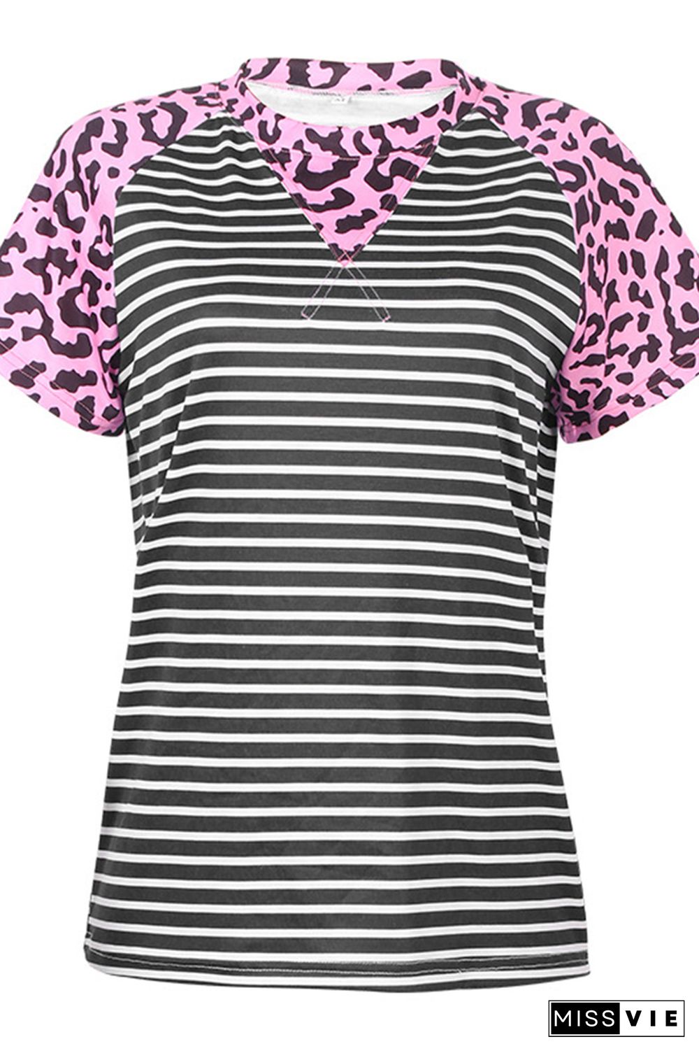 Leopard Stripe Splicing O-neck Tee