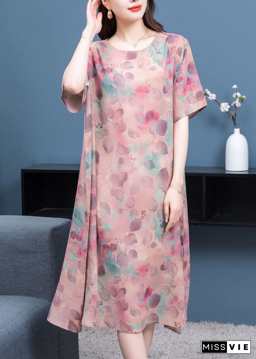 Chic light Purple O-Neck Print Patchwork Chiffon Dresses Summer