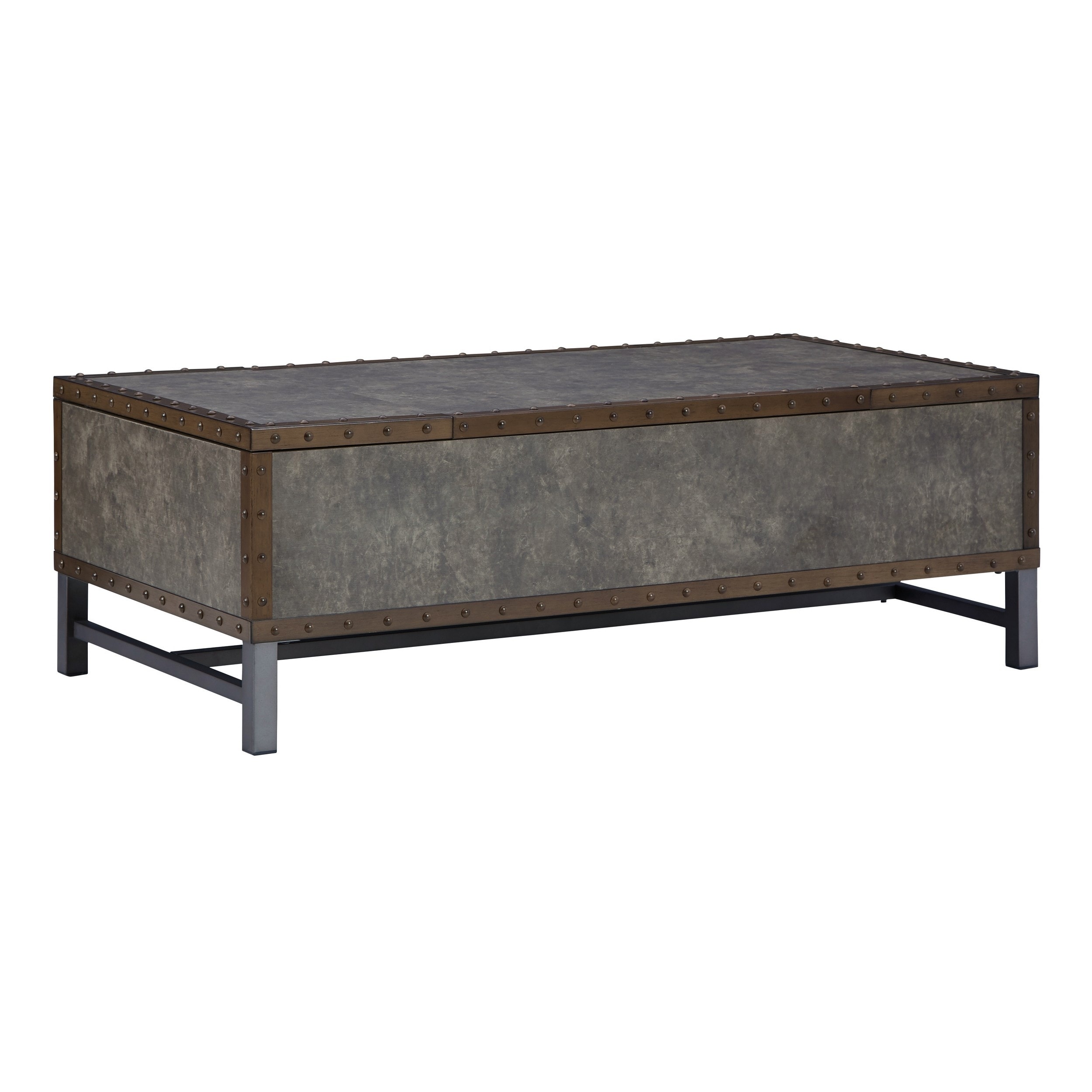 54 Inch Rectangular Trunk Coffee Table， Lift Top with 2 Bins， Bronze， Gray