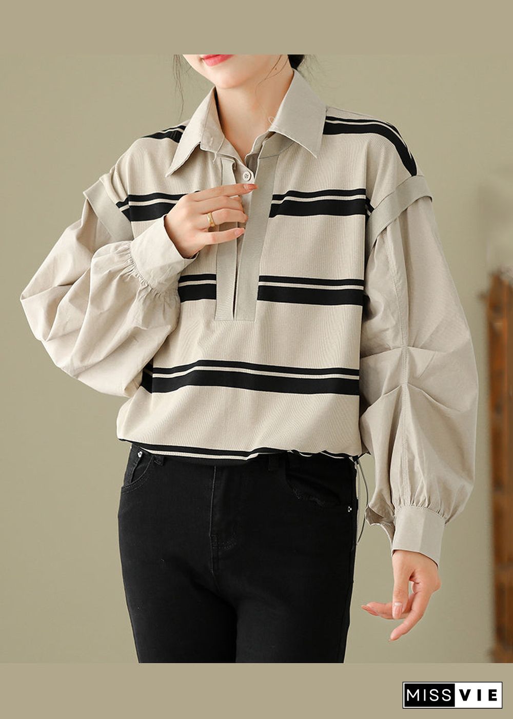 Apricot Striped Patchwork Cotton Shirt False Two Pieces Fall