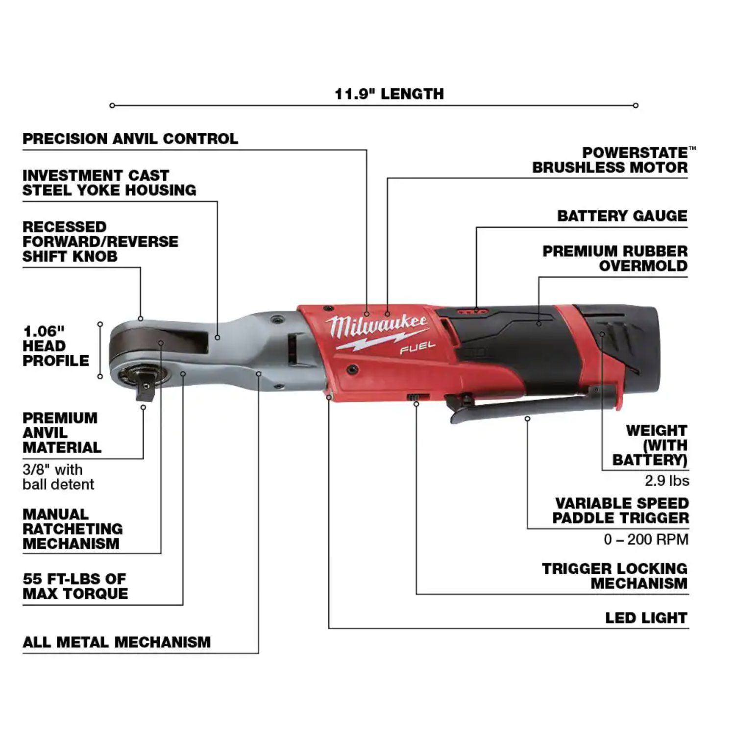 Milwaukee M12 FUEL 12-Volt Lithium-Ion Brushless Cordless 3/8 in. Ratchet with M12 2.0Ah Battery (2557-20-48-11-2420)