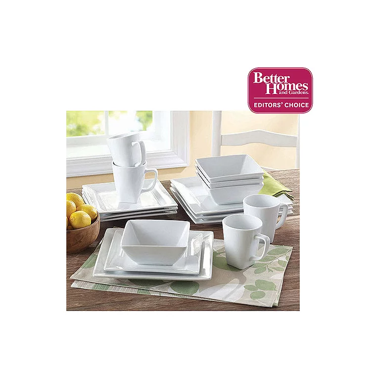 Better Homes and Gardens 16 Piece Square Porcelain Dinnerware Set， White