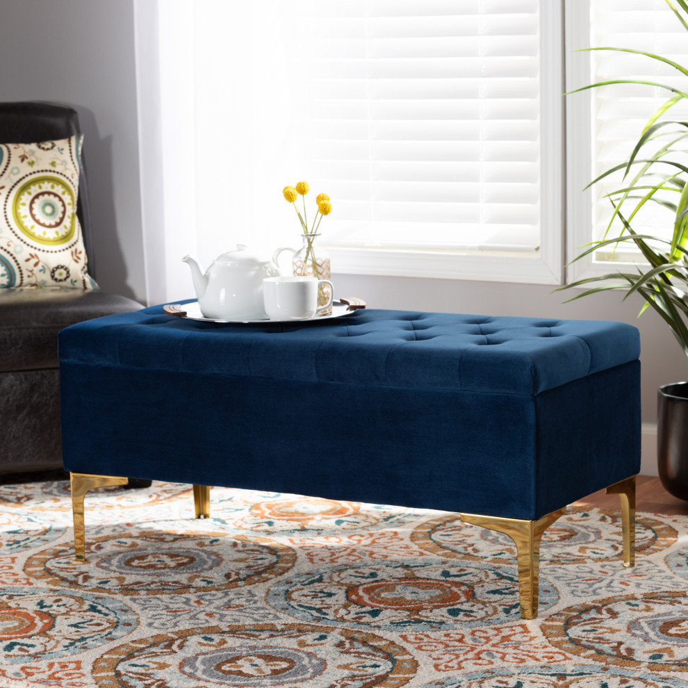 Espinoza Upholstered Gold Button Tufted Storage Ottoman   Contemporary   Footstools And Ottomans   by Baxton Studio  Houzz