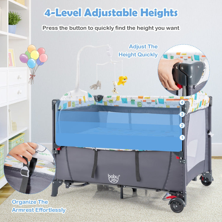 Bedside Sleeper for Baby, Diaper Changer, Mattress, Carry Bag, Music Box & Hanging Toys, Foldable Bedside Crib, Portable Playard for Newborn Toddlers