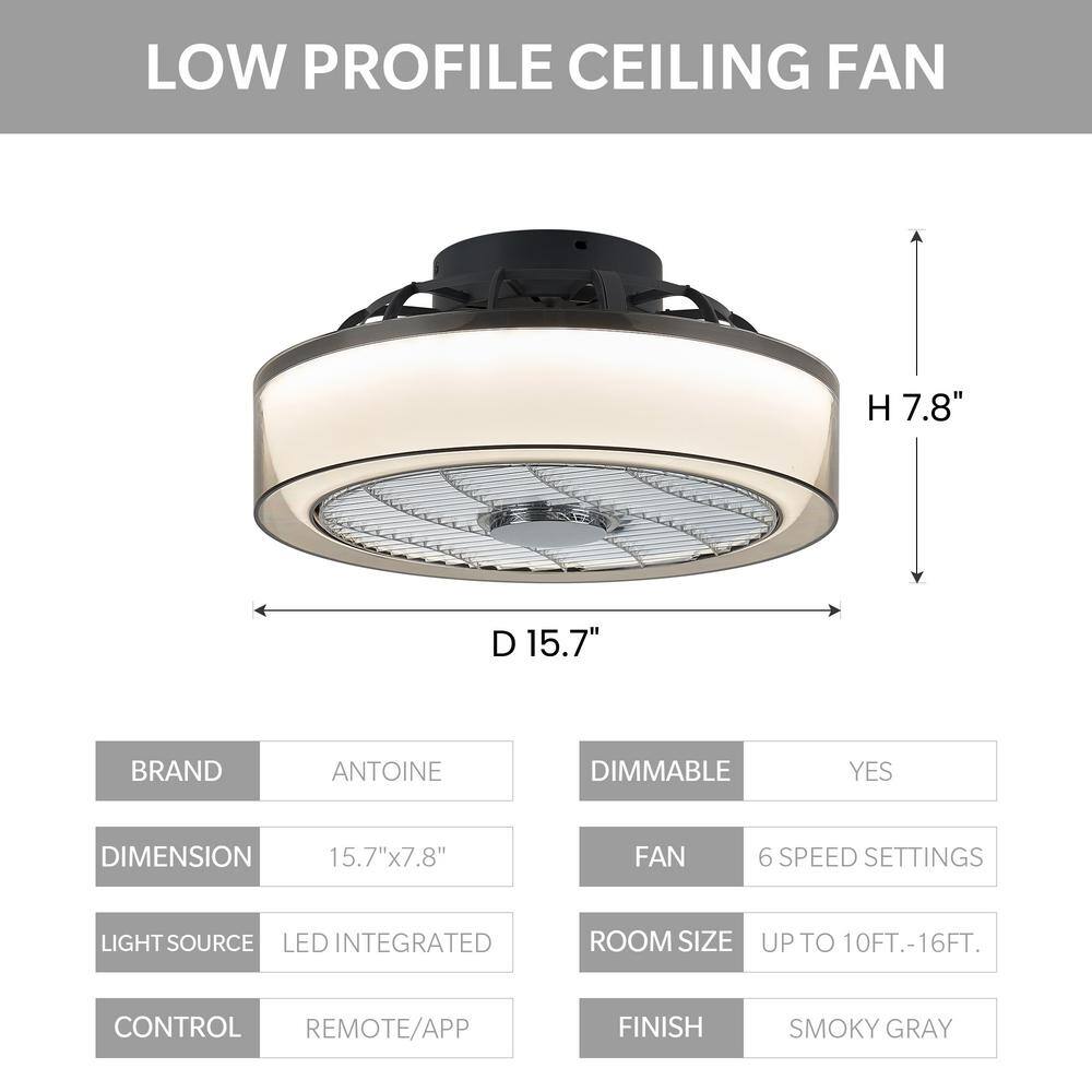 ANTOINE 16 in. Indoor Smoky Gray Low Profile Ceiling Fan with Dimmable LED Light Flush Mount Bedroom Ceiling Fan with Remote HD-FSD-15