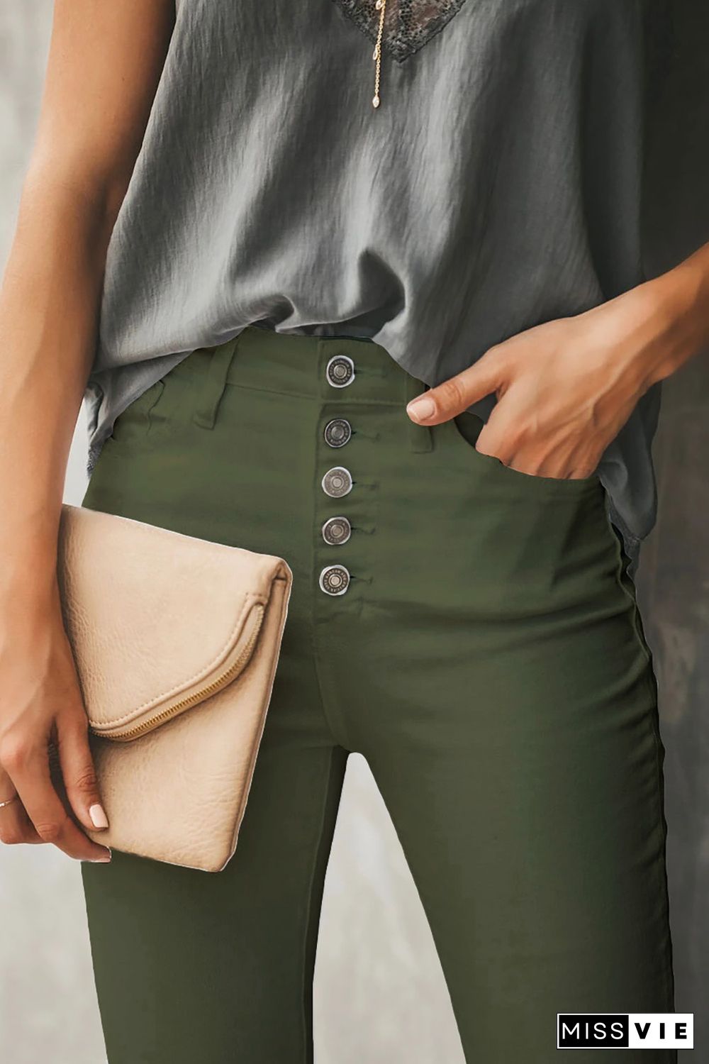 Green Plain High Waist Buttons Frayed Cropped Denim Jeans