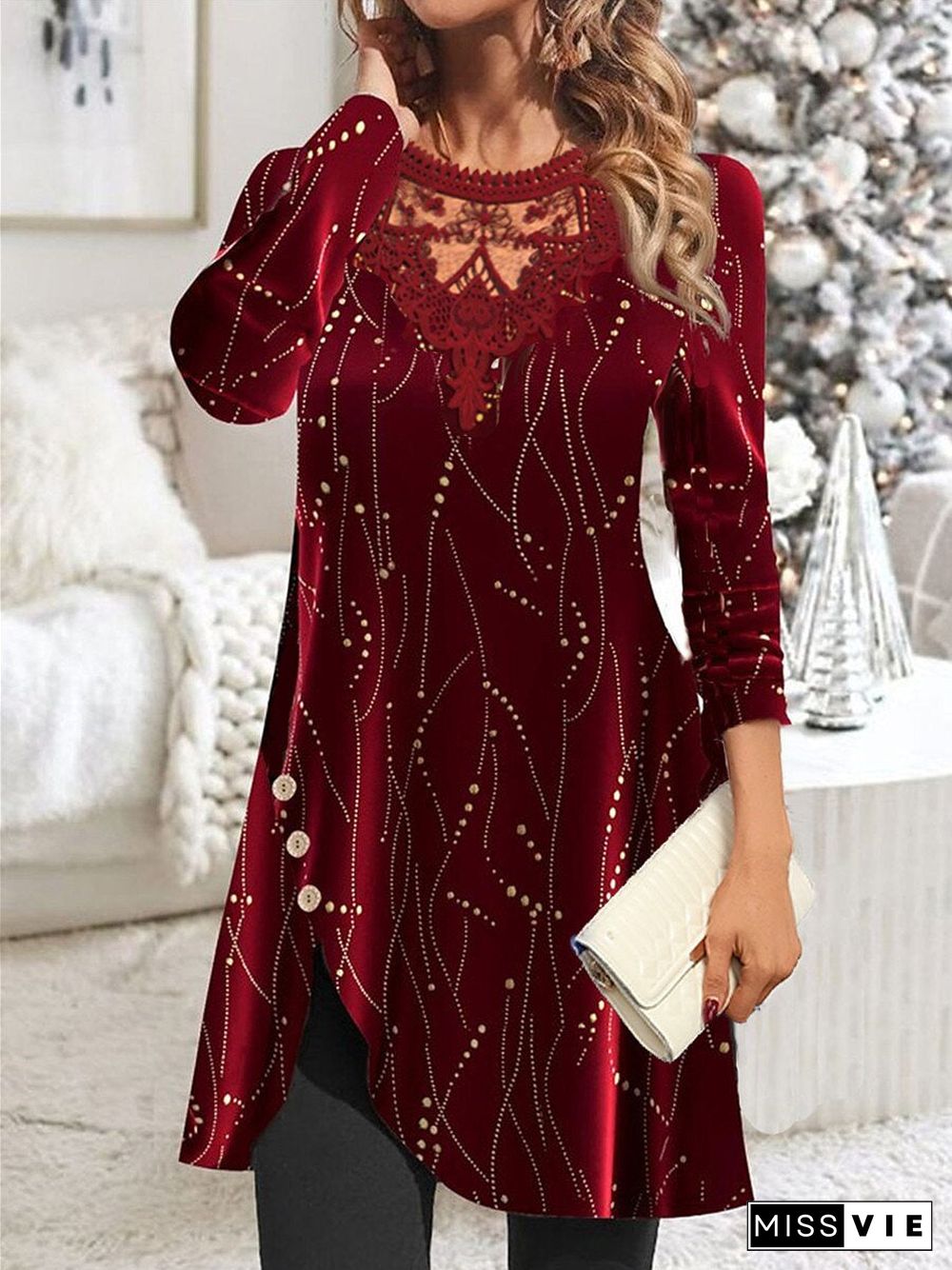 Women's Long Sleeve Scoop Neck Graphic Lace Buttons Christmas Midi Dress