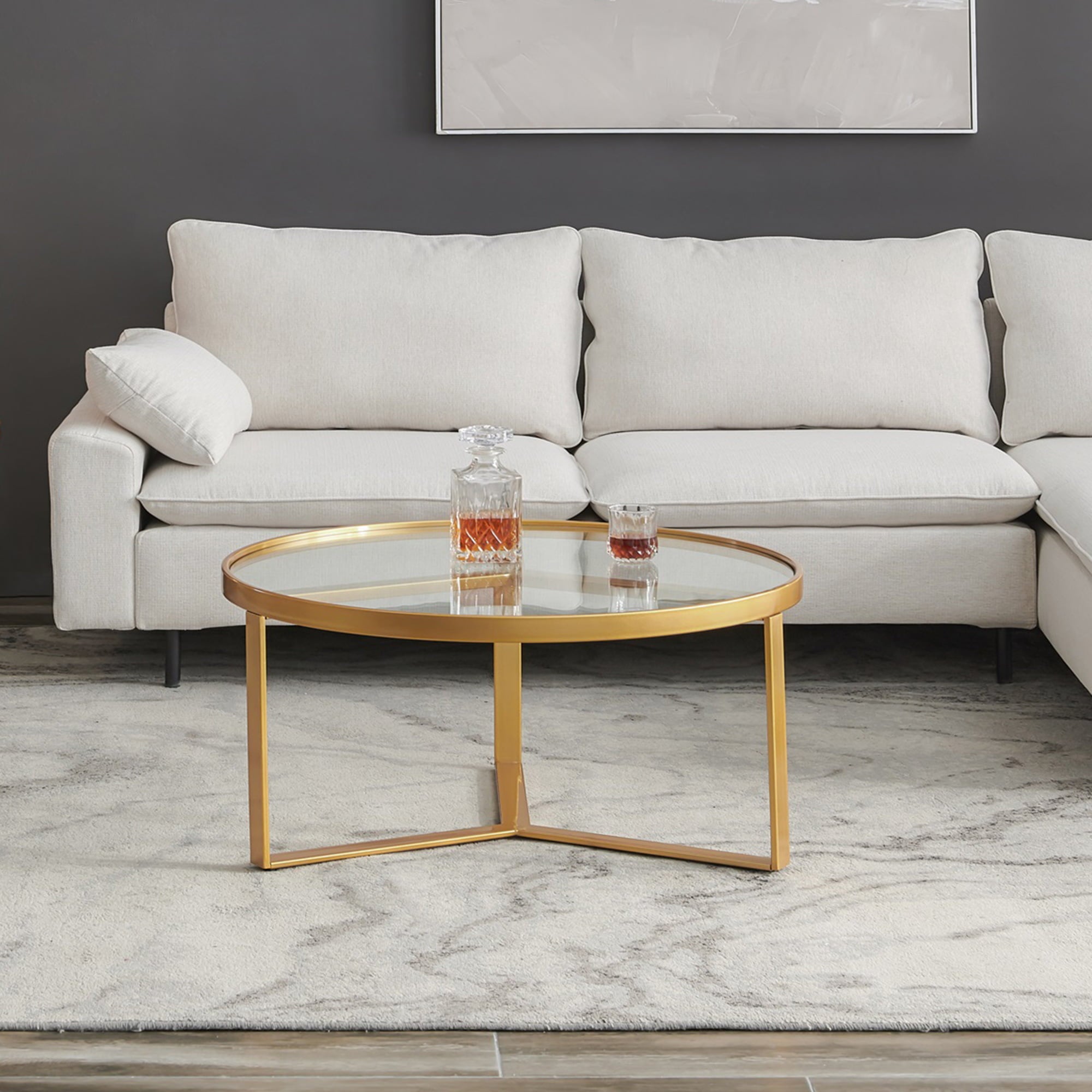 CoSoTower Modern Coffee Table, Golden Metal Frame With Round Tempered Glass Tabletop