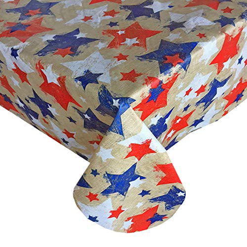 Newbridge Burlap Patriotic Stars Print Vinyl Flannel Backed Tablecloth - Rustic American Stars Flag Indoor/Outdoor Print Tablecloth for Patio and Kitchen Dining- 60? x 84? Oval