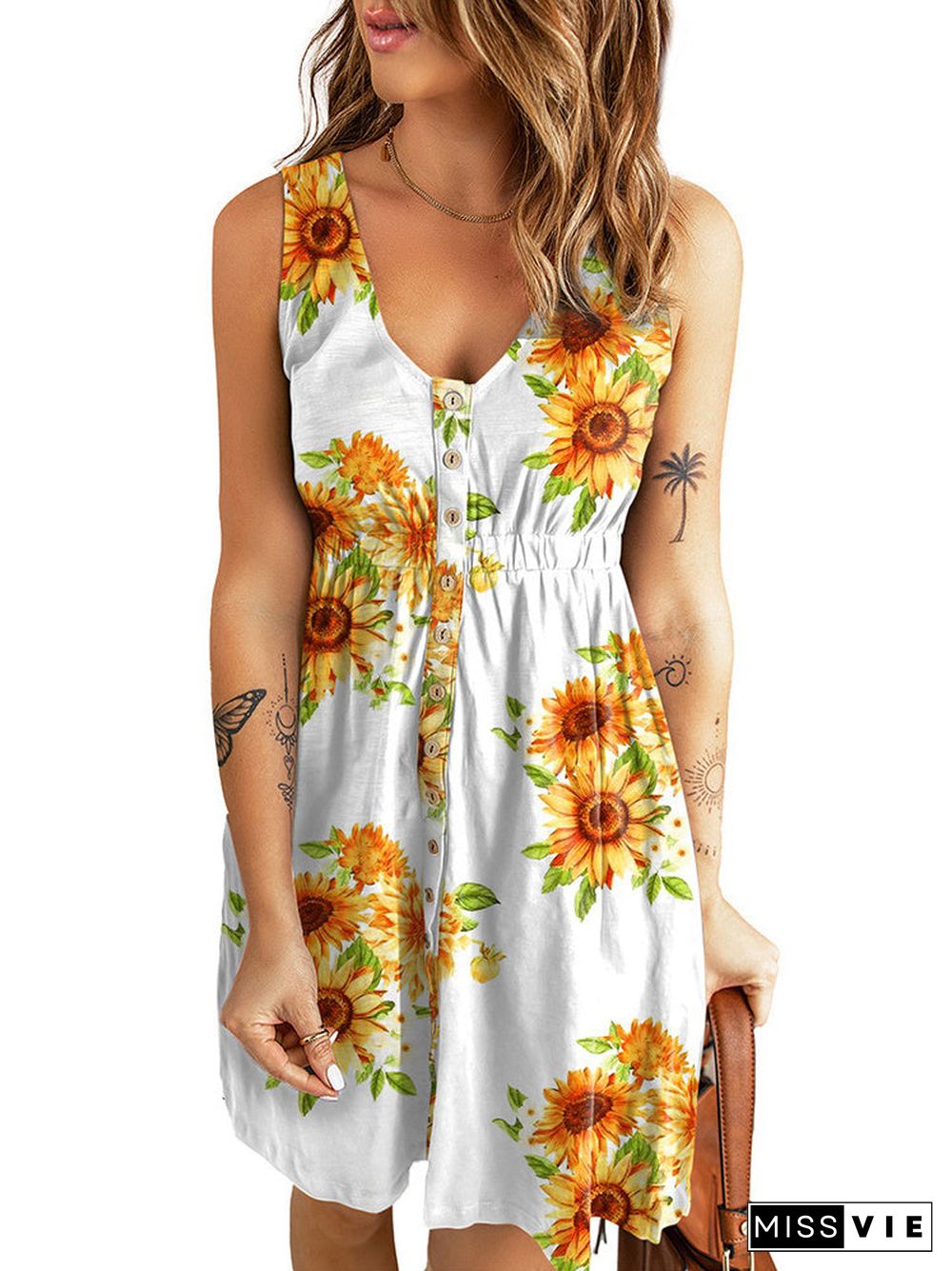 Women's Floral Printed Sleeveless V-neck Casual Loosen Midi Dress