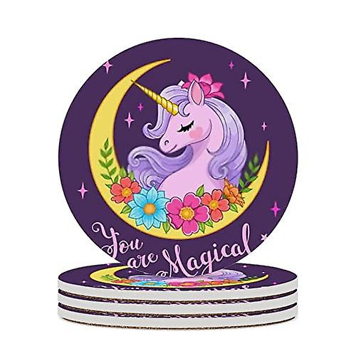 Round Drink Coasters 2 Pcs Crescent Moon With Unicorn Head And Flowers Absorbent Ceramic Coaster With Cork Base For Coffee Cups Housewarming Gift For