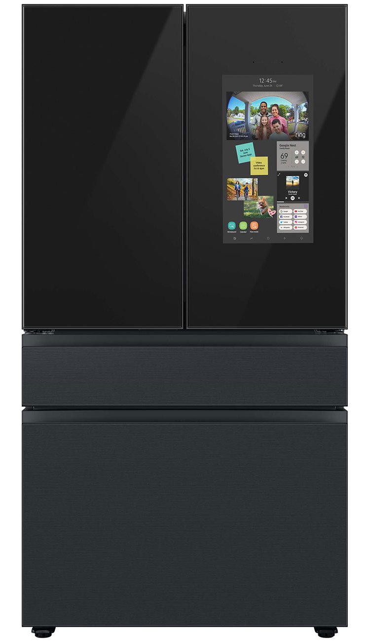  23 Cu. Ft. BESPOKE Counter Depth 4-Door French Door Refrigerator - Charcoal Glass Top Left And Family Hub Panels With Matte Black Steel Middle And Bottom Panels