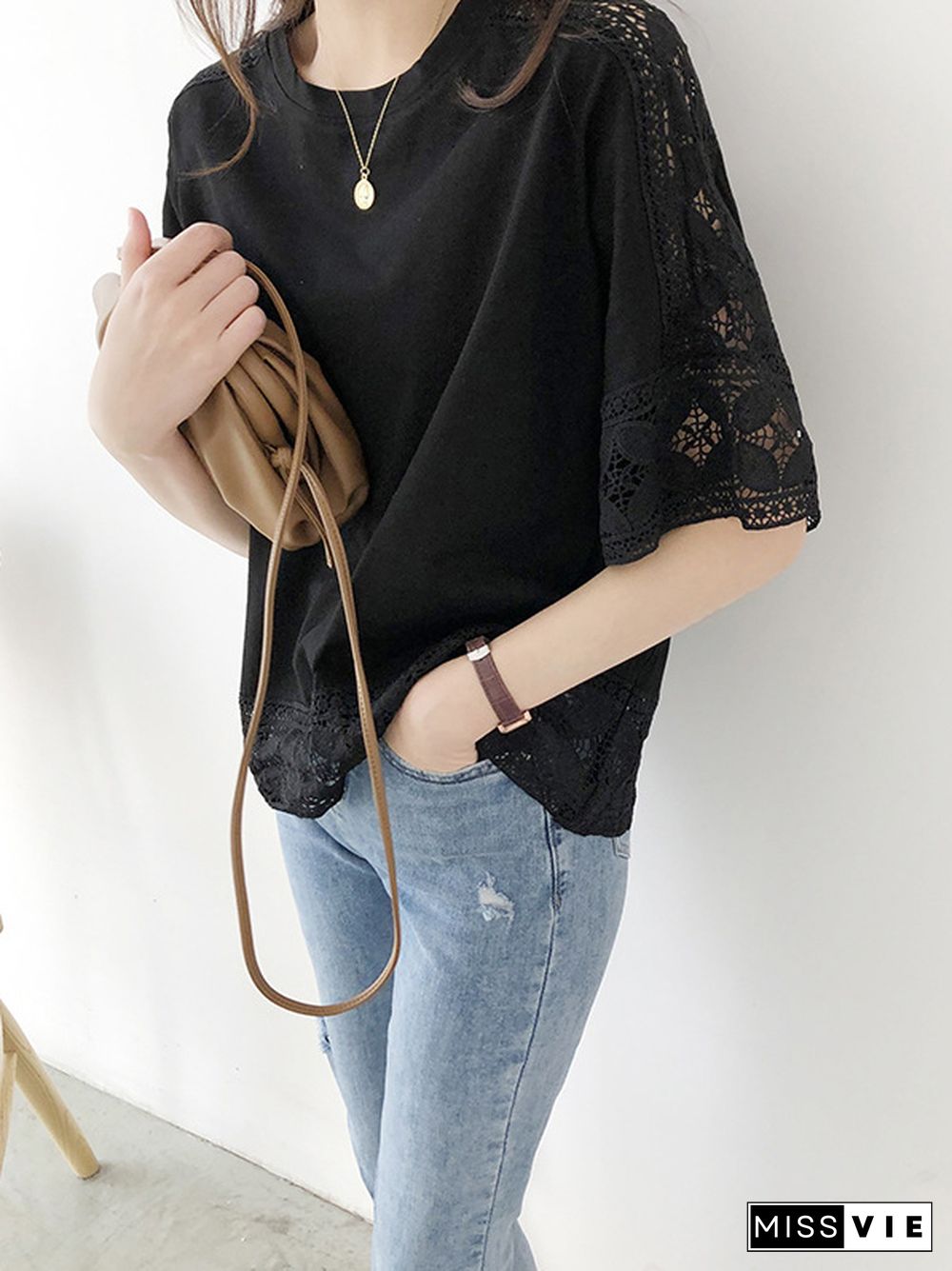 Half Sleeves Loose Hollow Solid Color Split-Joint Round-Neck T-Shirts Tops