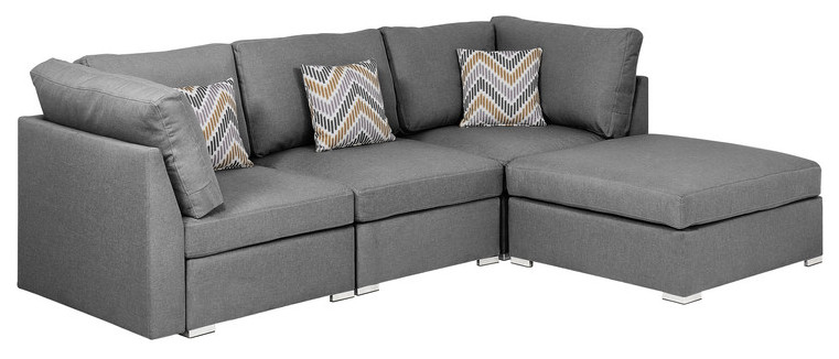 Amira Gray Linen Fabric Sofa with Ottoman and Accent Pillows   Contemporary   Sectional Sofas   by Morning Design Group  Inc  Houzz