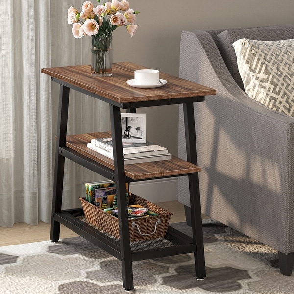 Industrial nightstand， 3-Tier retro end table， with metal mesh frame for living room and bedroom